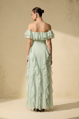 Every Love Song Green Off-The-Shoulder Ruffle Maxi Dress