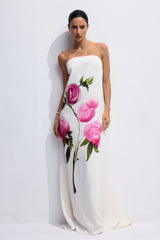 Dorothy Floral Print Strapless Satin Maxi Dress