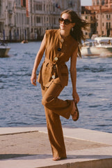 Time Moves Soft Brown Floral Button Vest & Wide Leg Pants Set