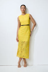 Warm Stillness Yellow Sleeveless Floral Lace Midi Dress