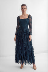 Romantic Tales Blue Lace Corset Bodice Ruffled Maxi Dress