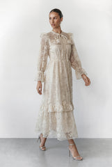 Floral Dream Beige Lace Embroidered Tiered Ruffle Maxi Dress