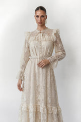 Floral Dream Beige Lace Embroidered Tiered Ruffle Maxi Dress