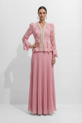 Dreamy Date Pink Floral Lace Pearl Trim Top & Pleated Skirt Set