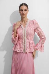 Dreamy Date Pink Floral Lace Pearl Trim Top & Pleated Skirt Set