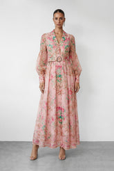 Vivid Daydream Pink Floral Print Rhinestone Belt Maxi Dress