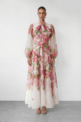 Sweet Blossom Pink Floral Print Bow Neck Maxi Dress