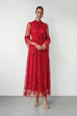 Meet Me Tonight Red Floral Applique Lace Maxi Dress