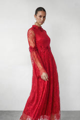 Meet Me Tonight Red Floral Applique Lace Maxi Dress
