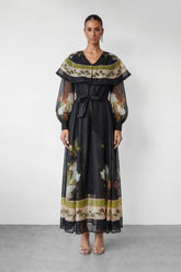 Dark Charm Black Floral Print Cape Collar Maxi Dress