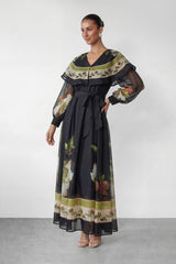 Dark Charm Black Floral Print Cape Collar Maxi Dress