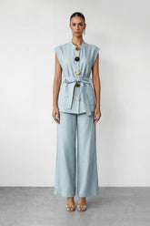 Simple Feeling Blue Floral Button & Wide Leg Pants Set