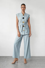 Simple Feeling Blue Floral Button & Wide Leg Pants Set