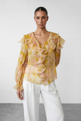 Light Reverie Apricot Ruffle Watercolor Print Blouse