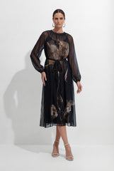 Night Fairy Black Floral Print Tulle Midi Dress