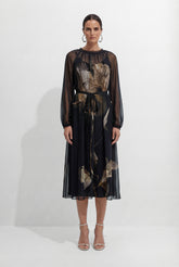 Night Fairy Black Floral Print Tulle Midi Dress