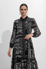 Midnight Bloom Black Floral Print Tiered Midi Dress