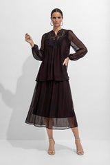 Made For Moments Brown Lace Embroidered Silk Top & Skirt Set