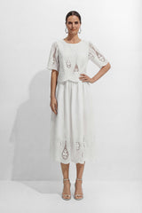 Simple Elegance White Hollow-Out Embroidery Top & Skirt Set