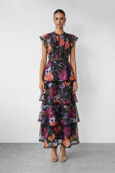 Bloom Dream Black Floral Print Tiered Ruffle Maxi Dress