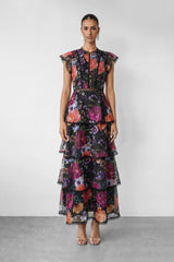Bloom Dream Black Floral Print Tiered Ruffle Maxi Dress