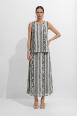 Softly Defined Beige Stripe Paisley Print Top & Skirt Set