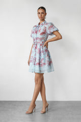 Sunday Mood Blue Paisley Print Puff Sleeve Mini Dress