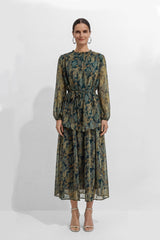 Dark Emerald Green Paisley Print Georgette Top & Skirt Set