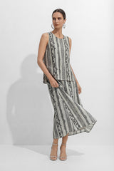 Softly Defined Beige Stripe Paisley Print Top & Skirt Set