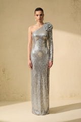 Sparkling Stunner Silver Sequin One-Shoulder Rosette Maxi Dress
