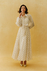Vintage Charm Beige Polka Dot Puff Sleeve Maxi Dress