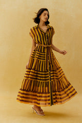 Retro Rendezvous Yellow Striped Cap Sleeve Maxi Dress