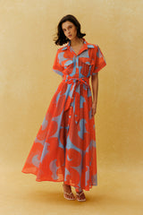 Vacation Mode Orange Abstract Print Short Sleeve Maxi Dress