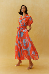 Vacation Mode Orange Abstract Print Short Sleeve Maxi Dress