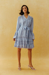 Sweet Afternoon Blue Lace Trim V Neck Tiered Mini Dress