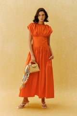 The Best Part Orange Ruched Cap Sleeve Maxi Dress