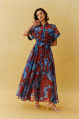 Vacation Mode Burgundy Floral Print Short Sleeve Maxi Dress