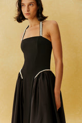 Final Look Black Pearl Embellished Halter Neck Maxi Dress