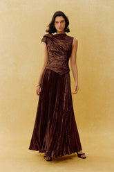 Cocktail Hour Brown Asymmetric Pleated Maxi Dress
