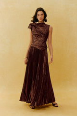 Cocktail Hour Brown Asymmetric Pleated Maxi Dress