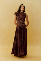 Cocktail Hour Brown Asymmetric Pleated Maxi Dress
