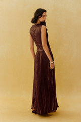 Cocktail Hour Brown Asymmetric Pleated Maxi Dress