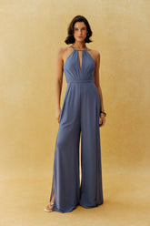 Daily Look Blue Halter Neck Wide Leg Slit Jumpsuit