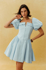 Keep It Sweet Blue Puff Sleeve Notch Neck Mini Dress