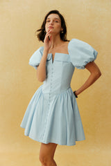 Keep It Sweet Blue Puff Sleeve Notch Neck Mini Dress