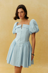 Keep It Sweet Blue Puff Sleeve Notch Neck Mini Dress