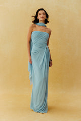 The Show Begins Blue Strapless Ruched Maxi Dress With Scarf