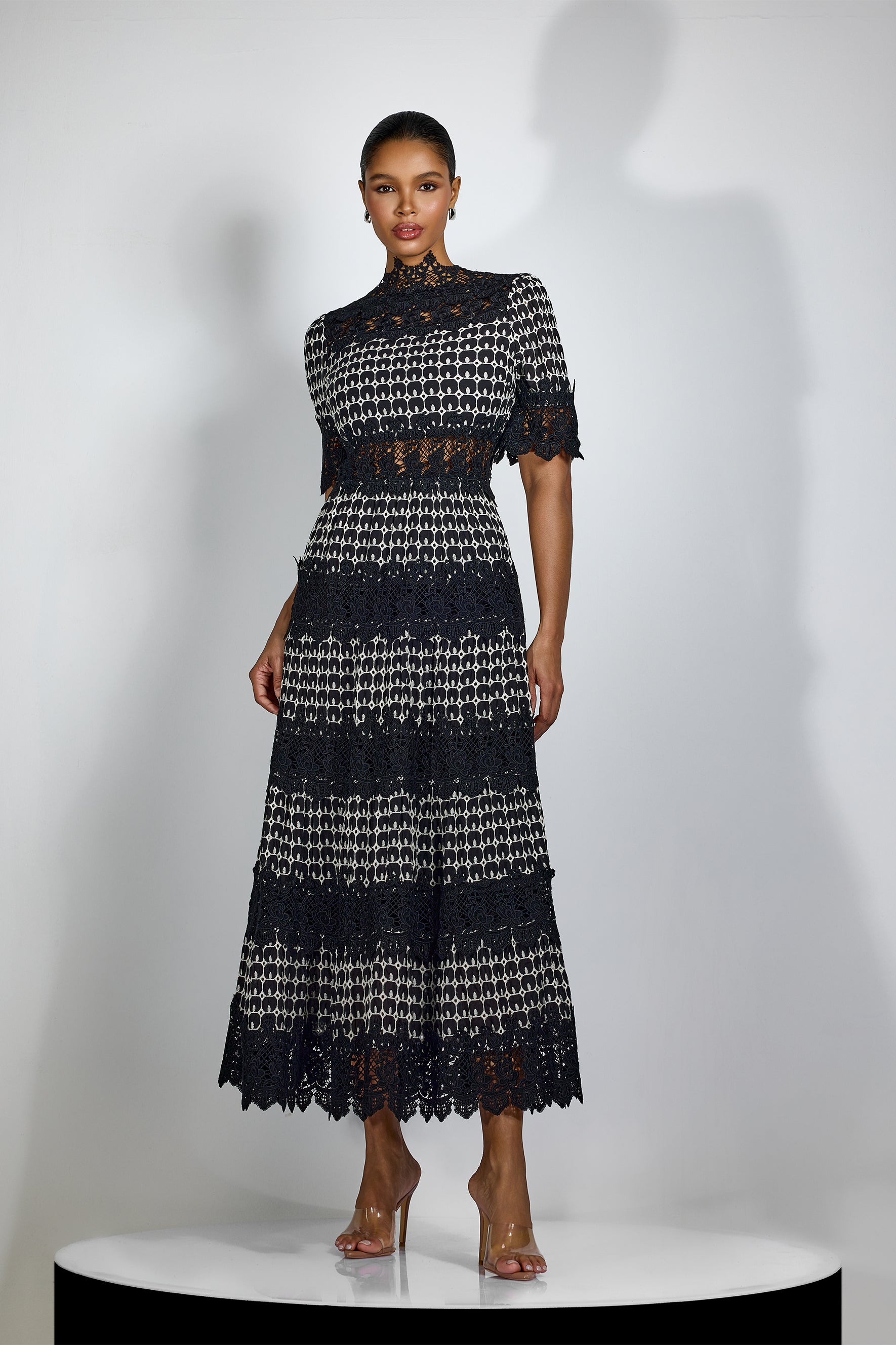 Sabrina Embroidered Lace Short Sleeve Midi Dress