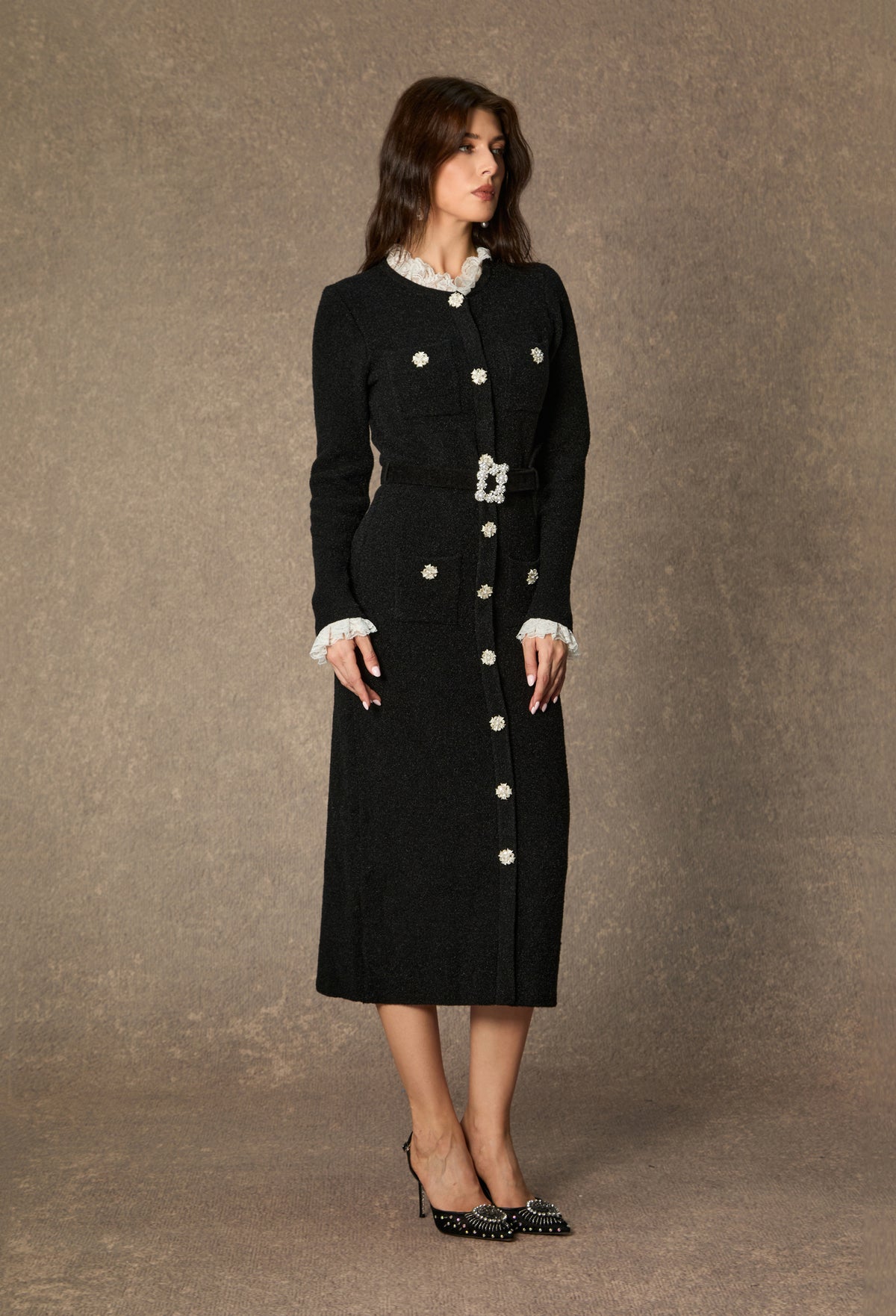 Classic Poise Black Ruffle Trim Knit Midi Dress