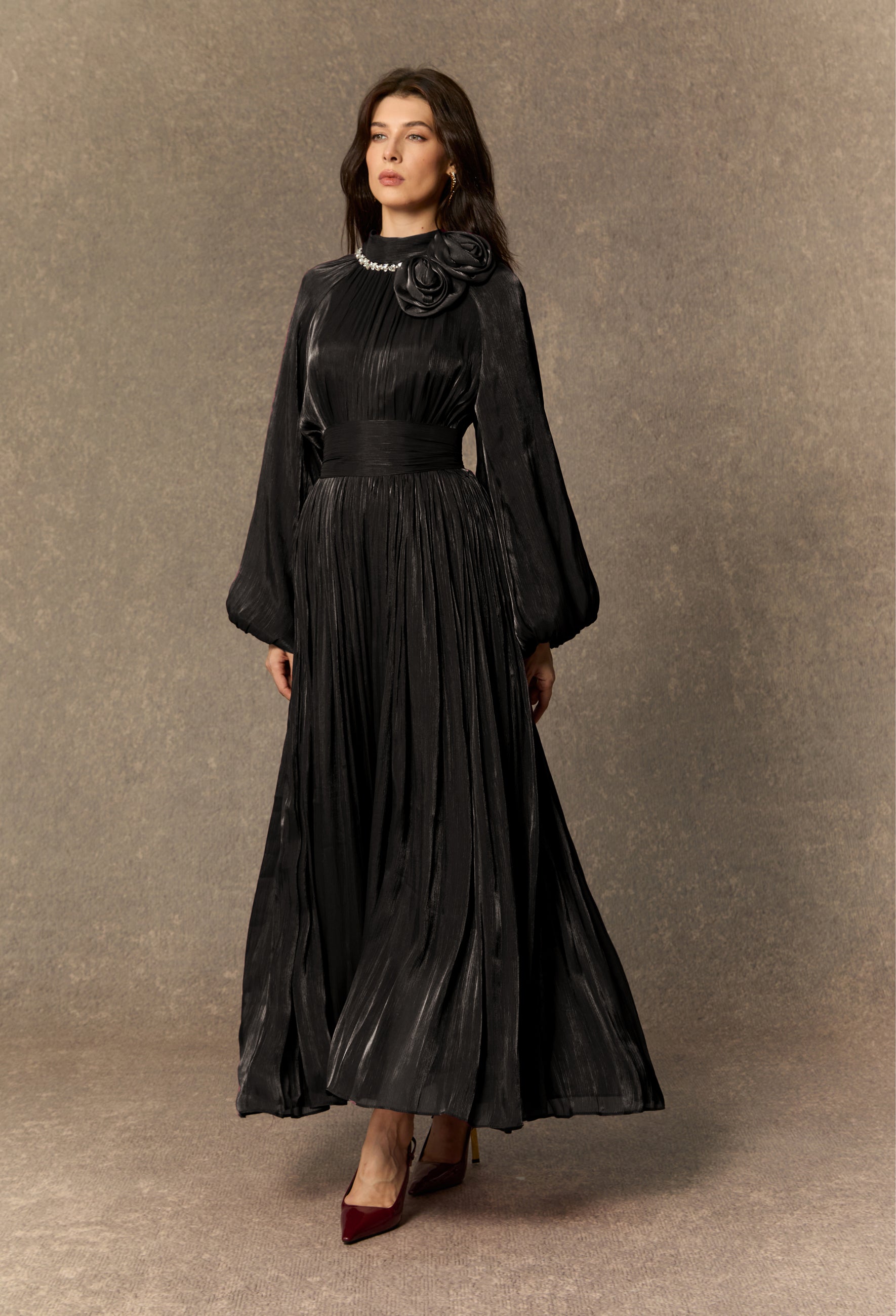 Beautiful Night Burgundy Pearl Collared Pleated Maxi Dress
